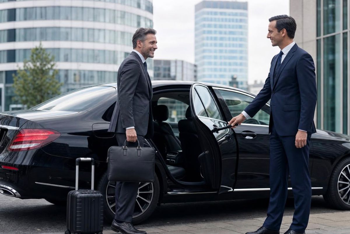 Chauffeur accueillant un client avec sa valise devant une berline noire